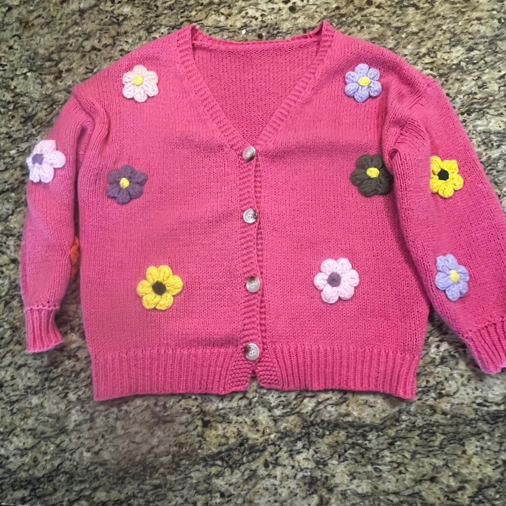 Cider Pink Crochet Flower Applique Knit Cardigan Sweater Womens 1XL V-Neck Pink